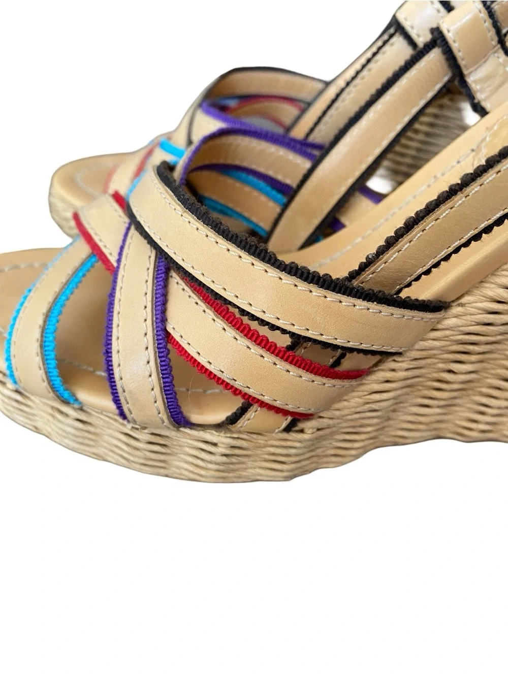 Prada The Original Car Shoe Tan Leather Braided Straw Woven Heel Sandal 37 US 7 - Picture 4 of 10